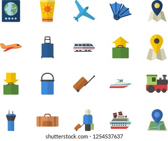 Color flat icon set hiking pot flat vector, location, sport bag, aircraft fector, train, airport tower, luggage, passport, jet, hand, sun protection cream, flippers, cruise ship, yacht