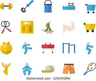 Color flat icon set hiking pot flat vector, whisk, grocery trolley, dumbbell, weighing machine, centimeter, muscles, skipping rope, parallel bars, sports equipment horse, athletic shorts, fitball