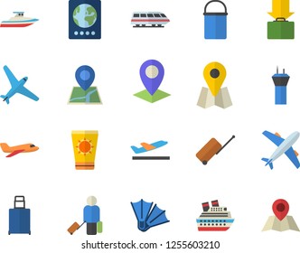 Color flat icon set hiking pot flat vector, location, aircraft fector, train, airport tower, luggage, passport, departure, get, sun protection cream, flippers, cruise ship, yacht