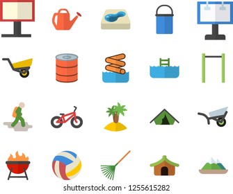 Color flat icon set hiking pot flat vector, barbecue, canned food, rake, watering can, garden wheelbarrow, pool, billboard, volleyball, bicycle, parallel bars, hike fector, tent, island, aquapark