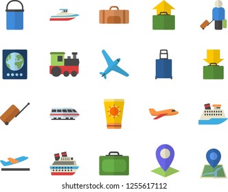 Color flat icon set hiking pot flat vector, location, sport bag, aircraft fector, train, luggage, suitcase, passport, departure, get, hand, sun protection cream, cruise ship, yacht
