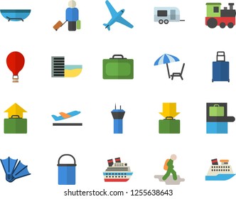 Color flat icon set hiking pot flat vector, aircraft fector, train, trailer, airport tower, hike, balloon, luggage, suitcase, baggage claim, hotel first line, departure, get, hand, sea beach