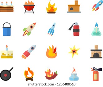 Color flat icon set hiking pot flat vector, teflon, fire, barbecue, cake, hot peppers, bonfire, fireplace, rocket, gas burner, spark, extinguisher