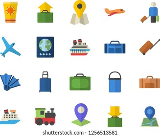 Color flat icon set hiking pot flat vector, location, sport bag, aircraft fector, train, luggage, suitcase, passport, get, hand, sun protection cream, flippers, cruise ship