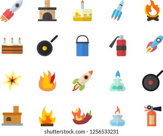 Color flat icon set hiking pot flat vector, teflon, fire, cake, hot peppers, bonfire, fireplace, rocket, gas burner, spark, extinguisher
