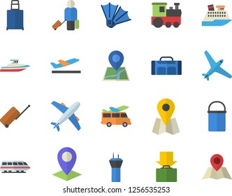 Color flat icon set hiking pot flat vector, location, sport bag, aircraft fector, train, airport tower, luggage, departure, get, flippers, transfer, cruise ship, yacht