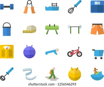 Color flat icon set hiking pot flat vector, whisk, grocery trolley, dumbbell, barbell, weighing machine, centimeter, bicycle, carpal expander, sports equipment horse, athletic shorts, fitball, pool