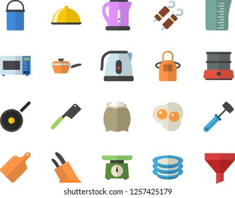 Color flat icon set hiking pot flat vector, saute, teflon, weighing machine, meashuring cup, electric kettle, apron, knives, meat hammer, cutting board, microwave, double boiler, flour, dish, plates