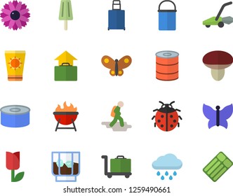 Color flat icon set hiking pot flat vector, barbecue, canned food, ice cream, whiskey, mushroom, flower, ladybird, tulip, butterflies, lawn mower, rain, hike fector, hand luggage, sun protection