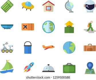 Color flat icon set hiking pot flat vector, earth, rocket, sailboat, globe, lunar rover, ufo, astronaut helmet fector, sport bag, aircraft, hike, suitcase, ticket, hand luggage, sea beach, jingle