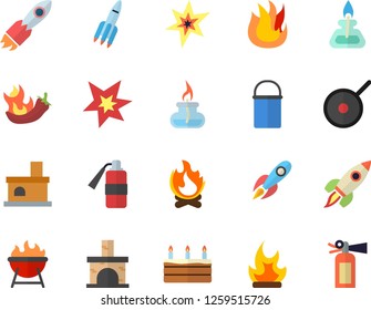 Color flat icon set hiking pot flat vector, teflon, fire, barbecue, cake, hot peppers, bonfire, fireplace, rocket, gas burner, spark, extinguisher