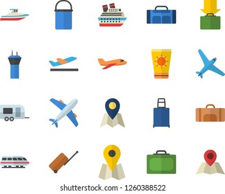 Color flat icon set hiking pot flat vector, location, sport bag, aircraft fector, train, trailer, airport tower, luggage, suitcase, departure, get, sun protection cream, cruise ship, yacht