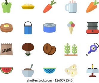 Color flat icon set hiking pot flat vector, colander, spring balance, double boiler, carrot, canned food, watermelon, porridge, pie, coffee beans, bell pepper, popcorn, ice cream, pancakes, mushroom