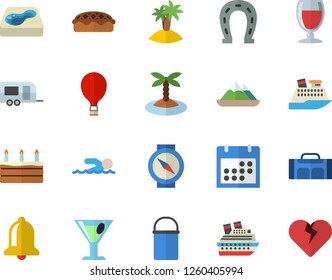Color flat icon set hiking pot flat vector, cake, pie, wine, cocktail, horseshoe, pool, calendar, swimming, sport bag, trailer fector, balloon, island, cruise ship, mountains, compass, bell, heart