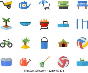 Color flat icon set hiking pot flat vector, barbecue, canned food, rake, watering can, garden wheelbarrow, bench, volleyball, bicycle, parallel bars, pool, tent fector, sea beach, chaise lounge