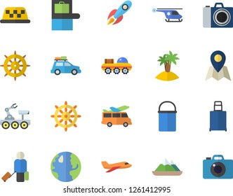 Color flat icon set hiking pot flat vector, earth, rocket, helicopter, lunar rover, aircraft fector, car, luggage, baggage claim, island, camera, transfer, location, steering wheel, taxi, mountains