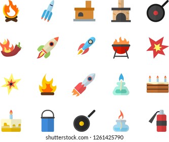 Color flat icon set hiking pot flat vector, teflon, barbecue, cake, hot peppers, bonfire, fireplace, rocket, gas burner, spark, fire extinguisher