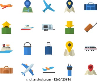 Color flat icon set hiking pot flat vector, location, sport bag, aircraft fector, train, trailer, airport tower, luggage, departure, get, hand, cruise ship, yacht