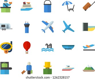 Color flat icon set hiking pot flat vector, pool, aircraft fector, trailer, airport tower, balloon, luggage, baggage claim, passport control, hotel first line, departure, get, sea beach, cruise ship