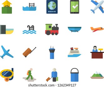 Color flat icon set hiking pot flat vector, pool, aircraft fector, train, airport tower, hike, luggage, passport, check in, hotel first line, hand, sea beach, swimming mask, reception desk