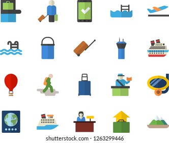 Color flat icon set hiking pot flat vector, pool, airport tower fector, hike, balloon, luggage, baggage claim, passport control, check in, departure, hand, swimming mask, reception desk, cruise ship