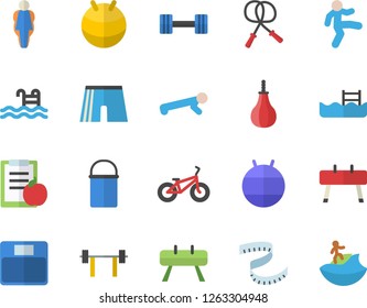 Color flat icon set hiking pot flat vector, dumbbell, barbell, diet, weighing machine, centimeter, bicycle, skipping rope, sports equipment horse, pear, athletic shorts, fitball, gymnastics, push up