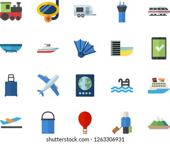 Color flat icon set hiking pot flat vector, pool, train fector, trailer, airport tower, balloon, luggage, passport, aircraft, check in, hotel first line, departure, sea beach, swimming mask, yacht