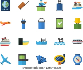 Color flat icon set hiking pot flat vector, pool, aircraft fector, train, airport tower, luggage, baggage claim, passport control, check in, hotel first line, get, swimming mask, flippers, compass