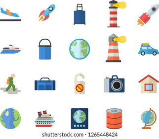 Color flat icon set hiking pot flat vector, canned food, earth, lighthouse, rocket, sport bag, car fector, hike, passport, arrival, luggage, camera, water scooter, cruise ship, do not disturb, house