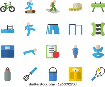 Color flat icon set hiking pot flat vector, whisk, diet, weighing machine, centimeter, bicycle, carpal expander, parallel bars, sports equipment horse, pear, athletic shorts, yoga, Treadmill, pool