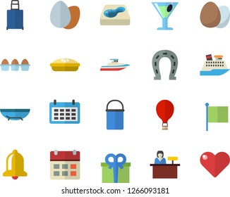 Color flat icon set hiking pot flat vector, egg, pie, cocktail, horseshoe, pool, flag, calendar, present, balloon fector, luggage, sea beach, reception desk, cruise ship, yacht, bell, heart