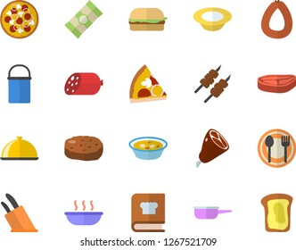 Color flat icon set hiking pot flat vector, saute, knives, cookbook, dish, table setting, spaghetti, chop, sausage, hamburger, pizza, soup, ham, shashlik, cutlet, sandwich