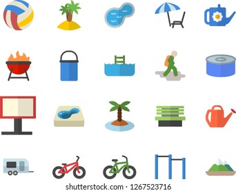 Color flat icon set hiking pot flat vector, barbecue, canned food, watering can, bench, pond, pool, billboard, volleyball, bicycle, parallel bars, trailer fector, hike, chaise lounge, island