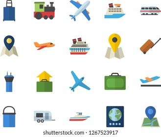 Color flat icon set hiking pot flat vector, location, aircraft fector, train, trailer, airport tower, luggage, suitcase, passport, departure, hand, cruise ship, yacht