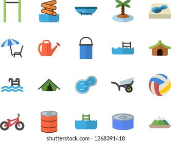 Color flat icon set hiking pot flat vector, canned food, watering can, garden wheelbarrow, pond, pool, volleyball, bicycle, parallel bars, tent fector, sea beach, chaise lounge, island, aquapark