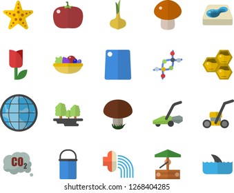 Color flat icon set hiking pot flat vector, cutting board, onion, mushroom, salad, tomato, honeycomb, well, hose irrigation, tulip, lawn mower, pool, forest, carbon dioxide, earth, dna, shark