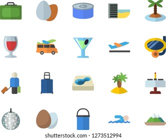 Color flat icon set hiking pot flat vector, egg, canned food, wine, cocktail, pool, swimming, luggage fector, suitcase, hotel first line, departure, island, disco ball, mask, romantic dinner