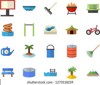 Color flat icon set hiking pot flat vector, barbecue, canned food, rake, watering can, bench, pool, billboard, bicycle, parallel bars, tent fector, sea beach, island, aquapark, mountains