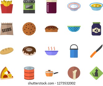 Color flat icon set hiking pot flat vector, saute, colander, knives, electric stove, bread, canned food, pizza, donut, dish, soup, pie, French fries, jam, biscuit, seeds, bone fracture