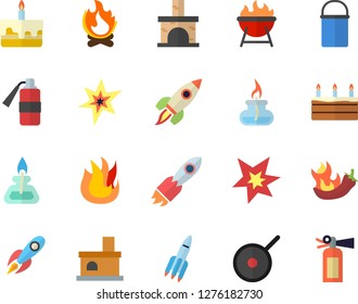 Color flat icon set hiking pot flat vector, teflon, fire, barbecue, cake, hot peppers, bonfire, fireplace, rocket, gas burner, spark, extinguisher