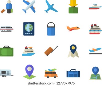 Color flat icon set hiking pot flat vector, location, sport bag, aircraft fector, train, trailer, luggage, suitcase, passport, departure, get, transfer, cruise ship, yacht