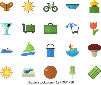 Color flat icon set hiking pot flat vector, cutlet, ice cream, cocktail, mushroom, tulip, sun, butterflies, pool, sailboat, bicycle, suitcase fector, hand luggage, sea beach, chaise lounge, surfing