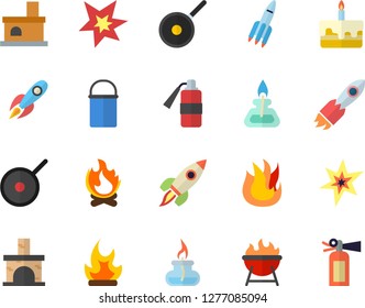 Color flat icon set hiking pot flat vector, teflon, fire, barbecue, cake, bonfire, fireplace, rocket, gas burner, spark, extinguisher