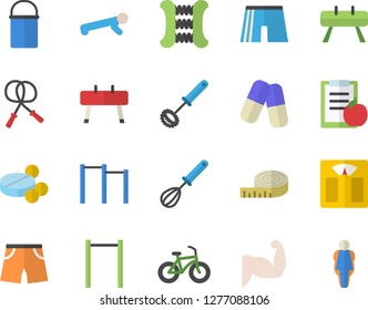 Color flat icon set hiking pot flat vector, whisk, pills, diet, weighing machine, centimeter, muscles, bicycle, skipping rope, carpal expander, parallel bars, sports equipment horse, athletic shorts