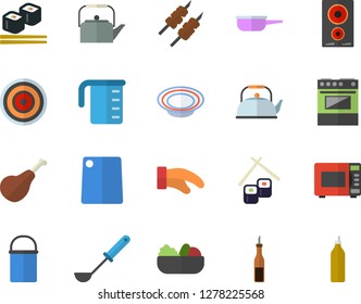 Color flat icon set hiking pot flat vector, saute, meashuring cup, teapot, potholder, ladle, cutting board, electric stove, induction cooker, microwave, ham, sauce, dish, salad, shashlik, fish rolls