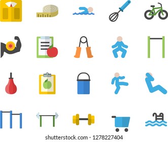 Color flat icon set hiking pot flat vector, whisk, grocery trolley, dumbbell, barbell, diet, weighing machine, centimeter, muscles, bicycle, carpal expander, parallel bars, sports pear, swimming