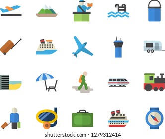 Color flat icon set hiking pot flat vector, pool, aircraft fector, train, trailer, airport tower, hike, luggage, suitcase, passport control, hotel first line, departure, chaise lounge, swimming mask