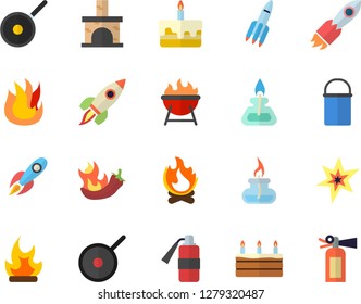Color flat icon set hiking pot flat vector, teflon, fire, barbecue, cake, hot peppers, bonfire, fireplace, rocket, gas burner, spark, extinguisher
