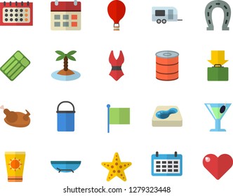 Color flat icon set hiking pot flat vector, canned food, chicken, cocktail, horseshoe, pool, flag, calendar, swimsuit, trailer fector, balloon, get luggage, sea beach, sun protection cream, island