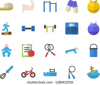 Color flat icon set hiking pot flat vector, whisk, pills, dumbbell, barbell, diet, weighing machine, centimeter, muscles, bicycle, skipping rope, parallel bars, fitball, Treadmill, gymnastics, pool